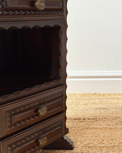 Pair of Folk Carved Oak Bedside Tables, French c.1940