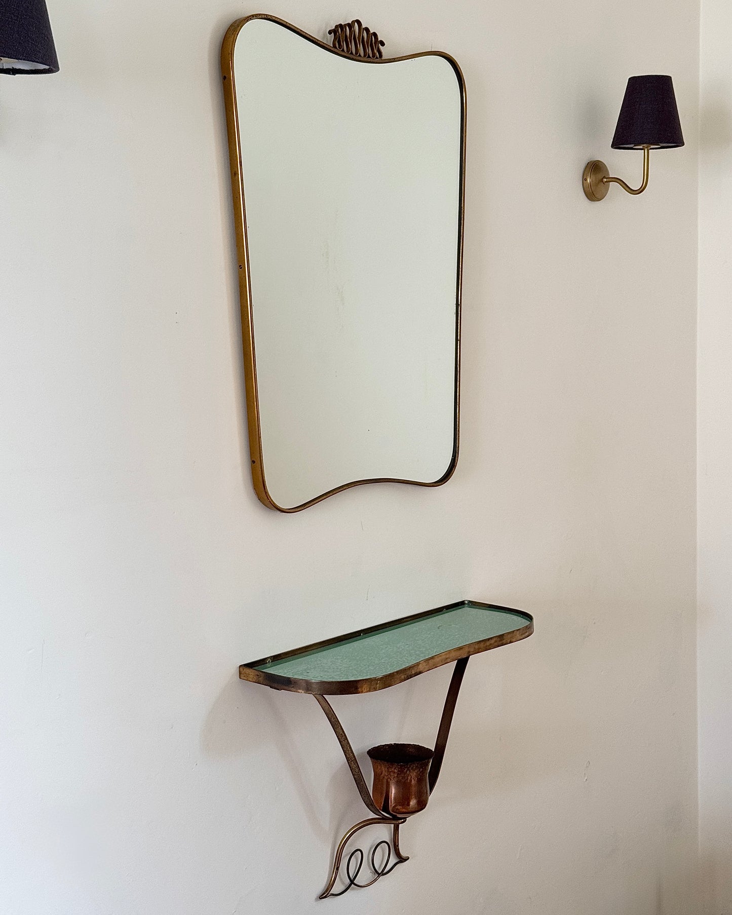 Italian Brass Sheild Mirror and Console, Attributed to Gio Ponti, c.1950s