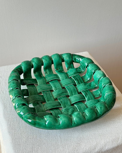 Large Emerald Green Glazed Ceramic Chunky Woven Bowl