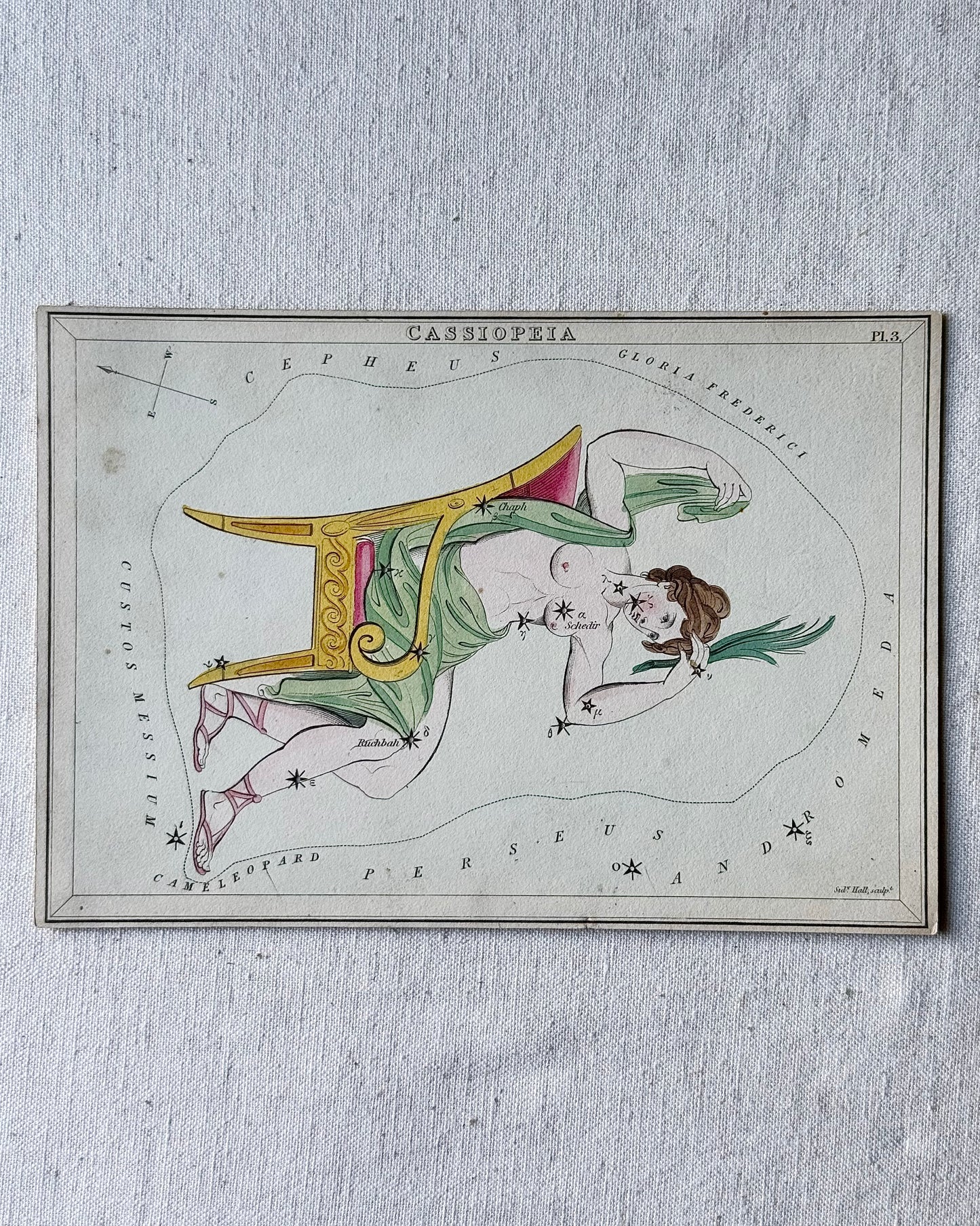 Antique Hand-Painted Constellation Print ‘Urania’s Mirror’ by Sidney Hall c. 1825