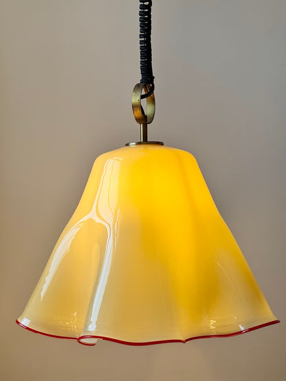 Large Murano Buttery Yellow & Red Rim Handkerchief Pendant, c. 1970s