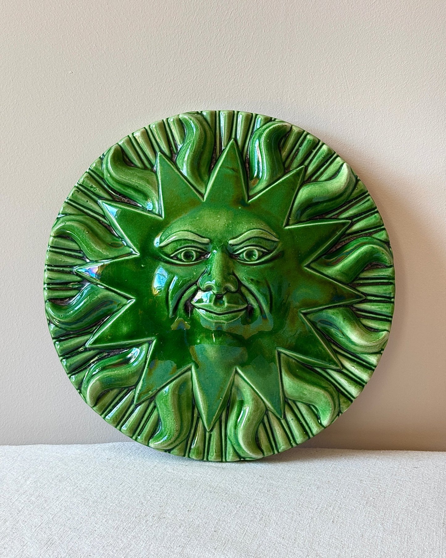 Green Glazed Ceramic Sun Wall Plaque - Club Sourced