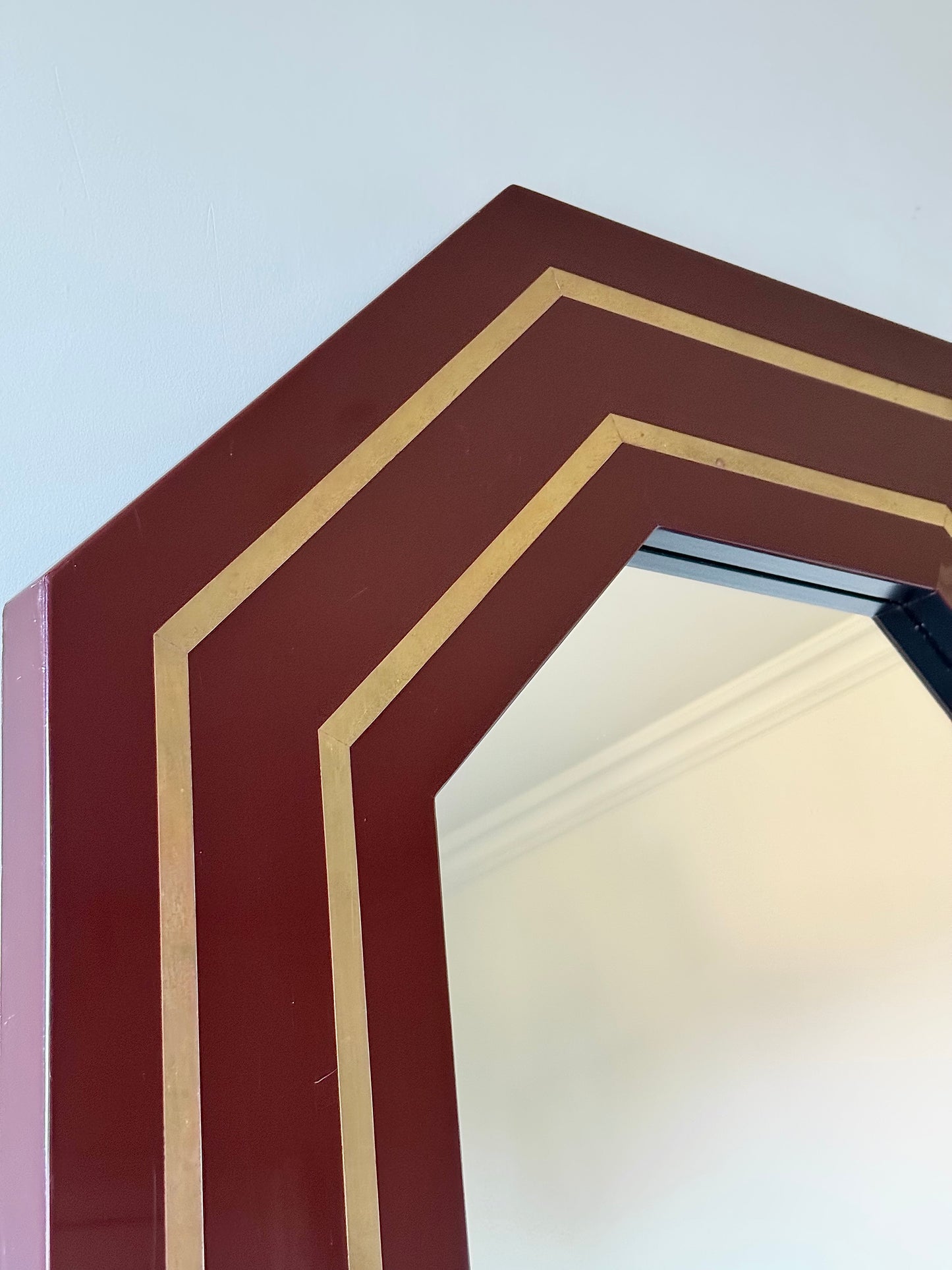 Burgundy Lacquer & Brass Inlay Octagonal Mirror attributed to Jean-Claude Mahey, French c. 1970