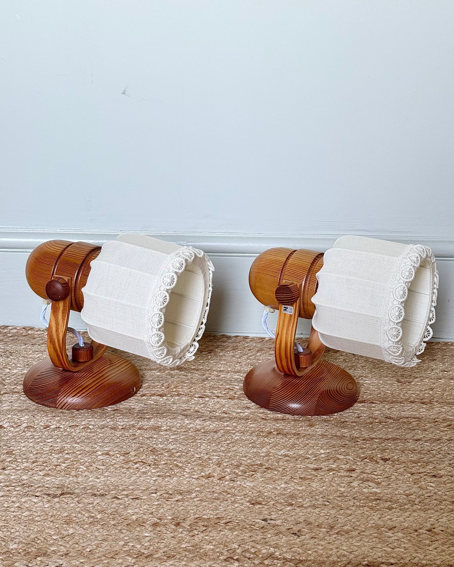 Pair of Swedish 1970s Markslöjd Pine Wall Lamps with Linen Shades