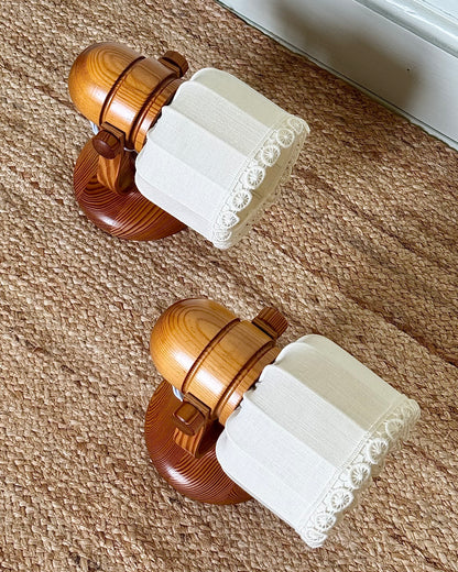 Pair of Swedish 1970s Markslöjd Pine Wall Lamps with Linen Shades