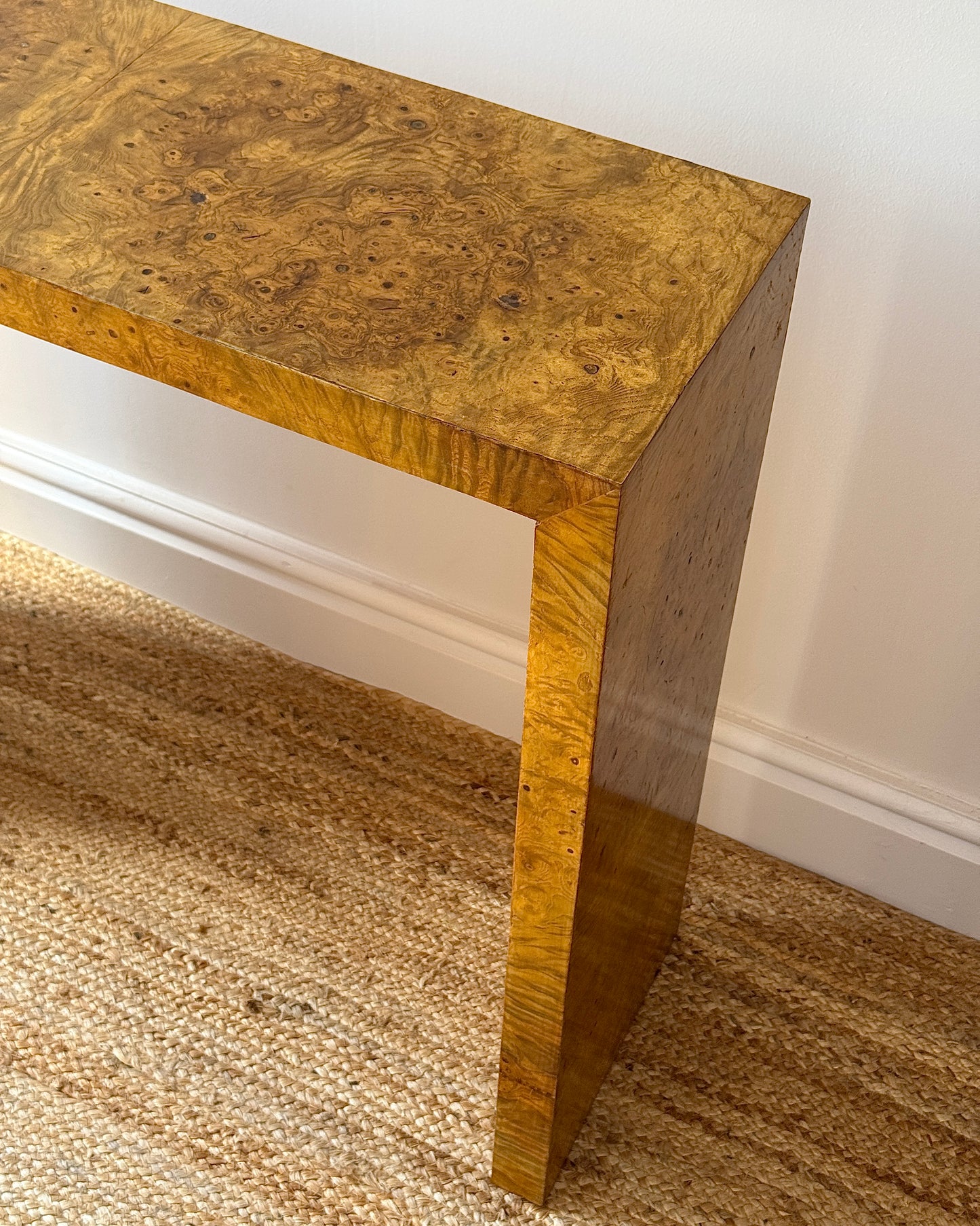 Italian Burl Waterfall Console Table, c.1970s