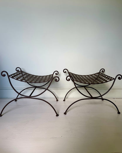 Pair of Wrought Iron Curule Stools with Sculptural Curls