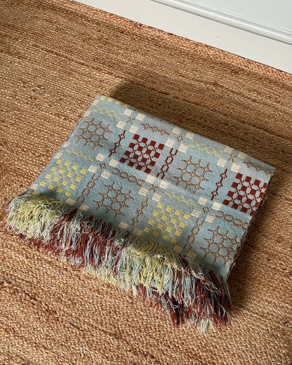Vintage Welsh Wool Tapestry Blanket in Pastel Blue, Brown & Yellow