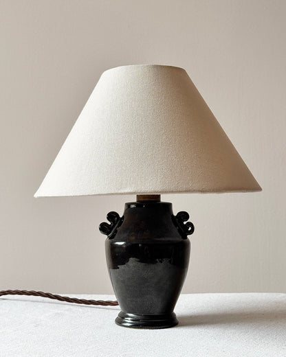 French Art Deco Black Ceramic Table Lamp with Scrolled Handles - Club Sourced