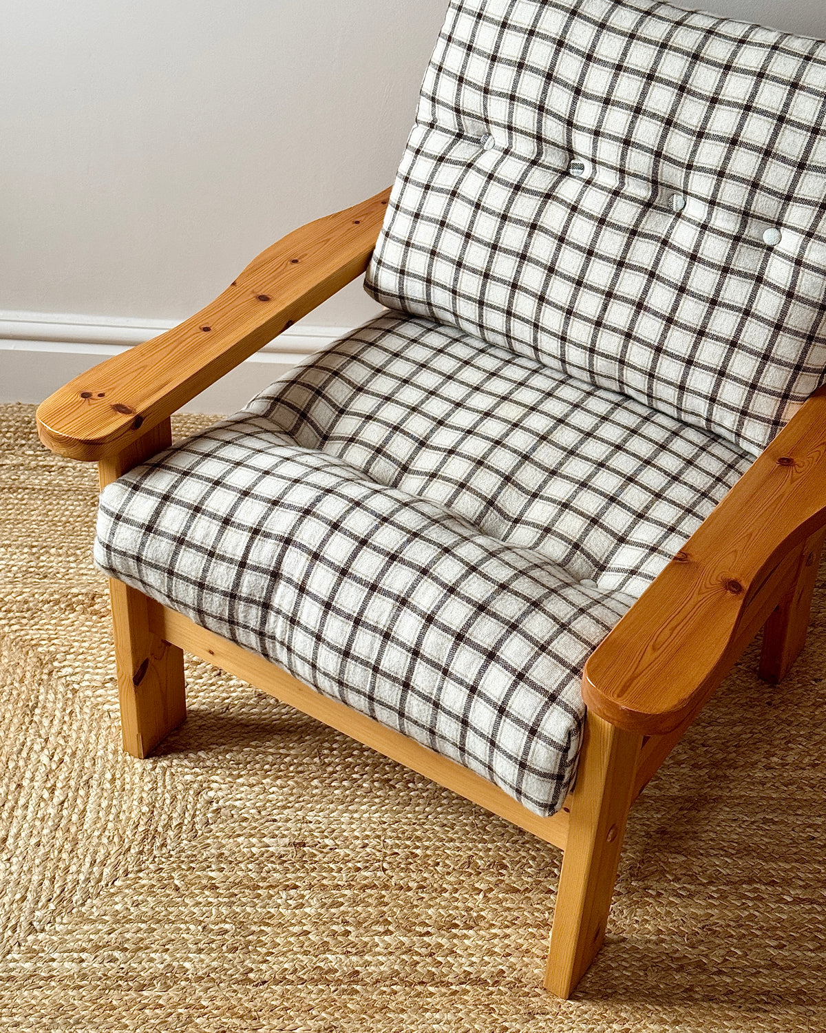 Scandinavian Pine Armchairs with Check Upholstery 1970s