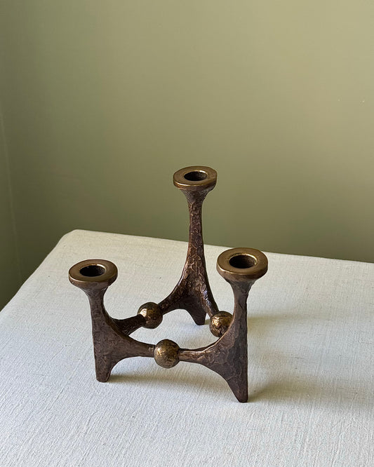 Brutalist Bronze 3 Prong Candleholder