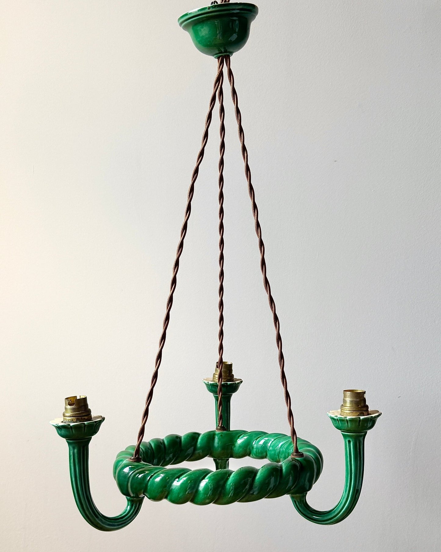 Green Glazed Ceramic Three-Light Chandelier c.1960 - Club Sourced