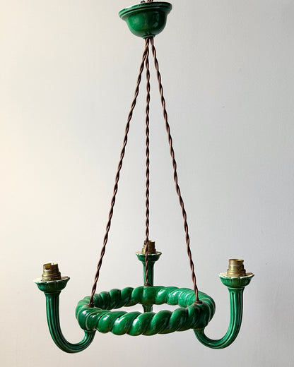 Green Glazed Ceramic Three-Light Chandelier c.1960 - Club Sourced
