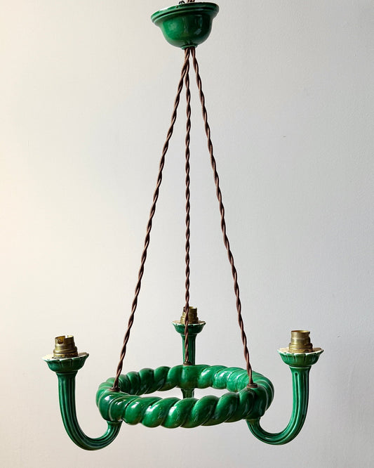 Green Glazed Ceramic Three-Light Chandelier c.1960 - Club Sourced