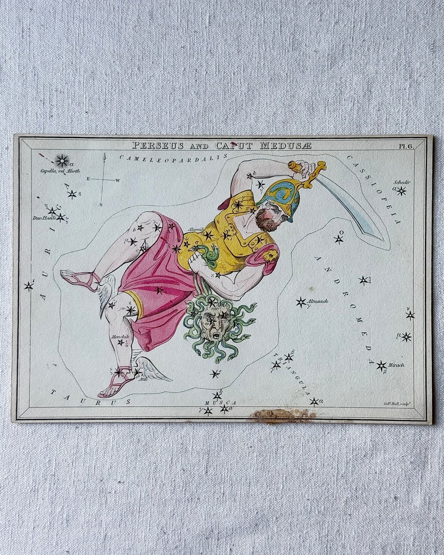 Antique Hand-Painted Constellation Print ‘Urania’s Mirror’ by Sidney Hall c. 1825