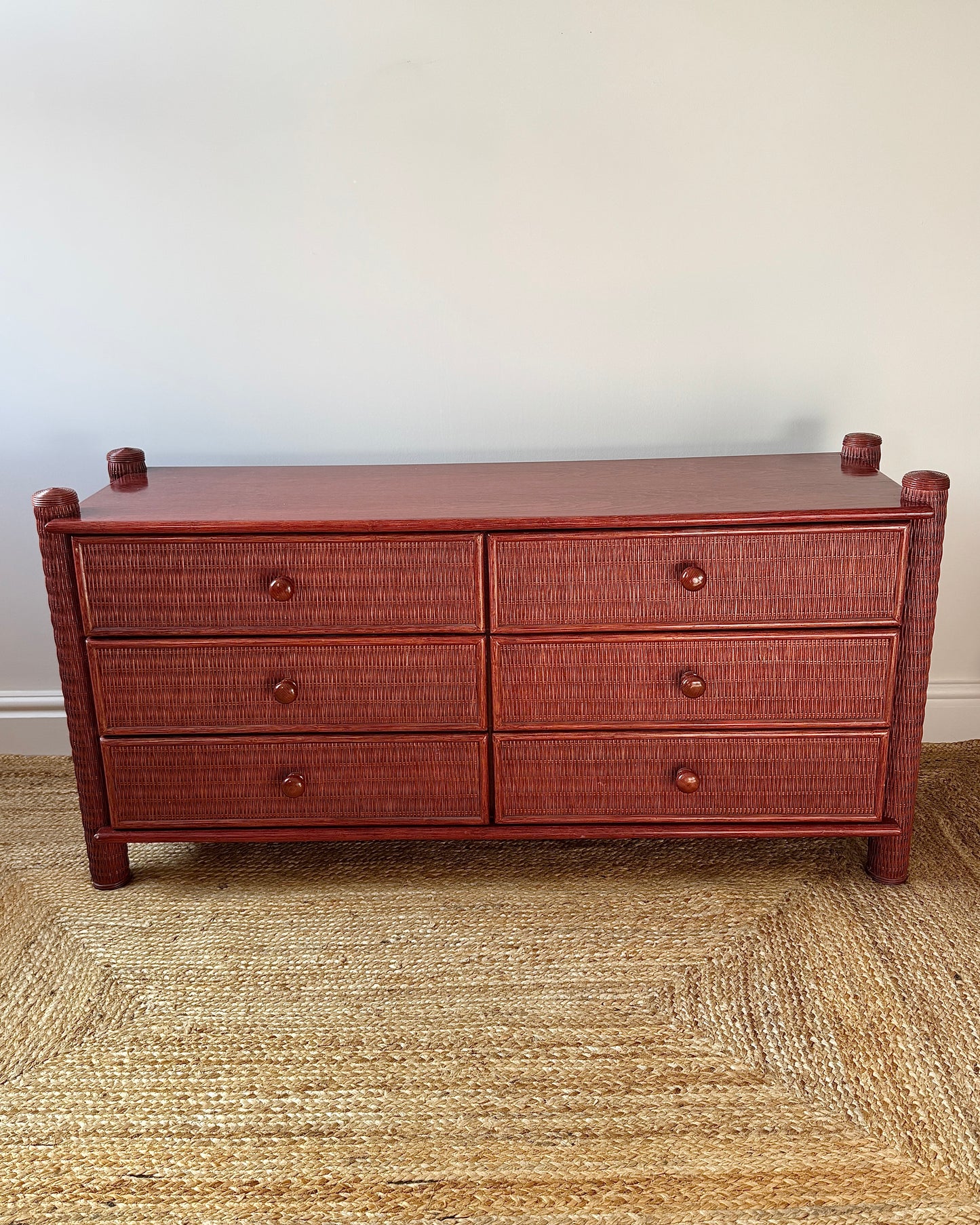 French 1970’s Red Rattan Chest of Drawers