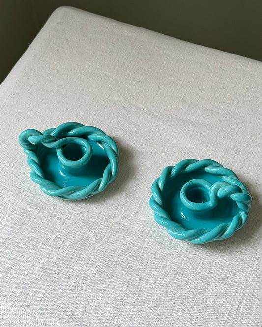 Pair of Vallauris Twisted Rope Turquoise Glaze Candlesticks