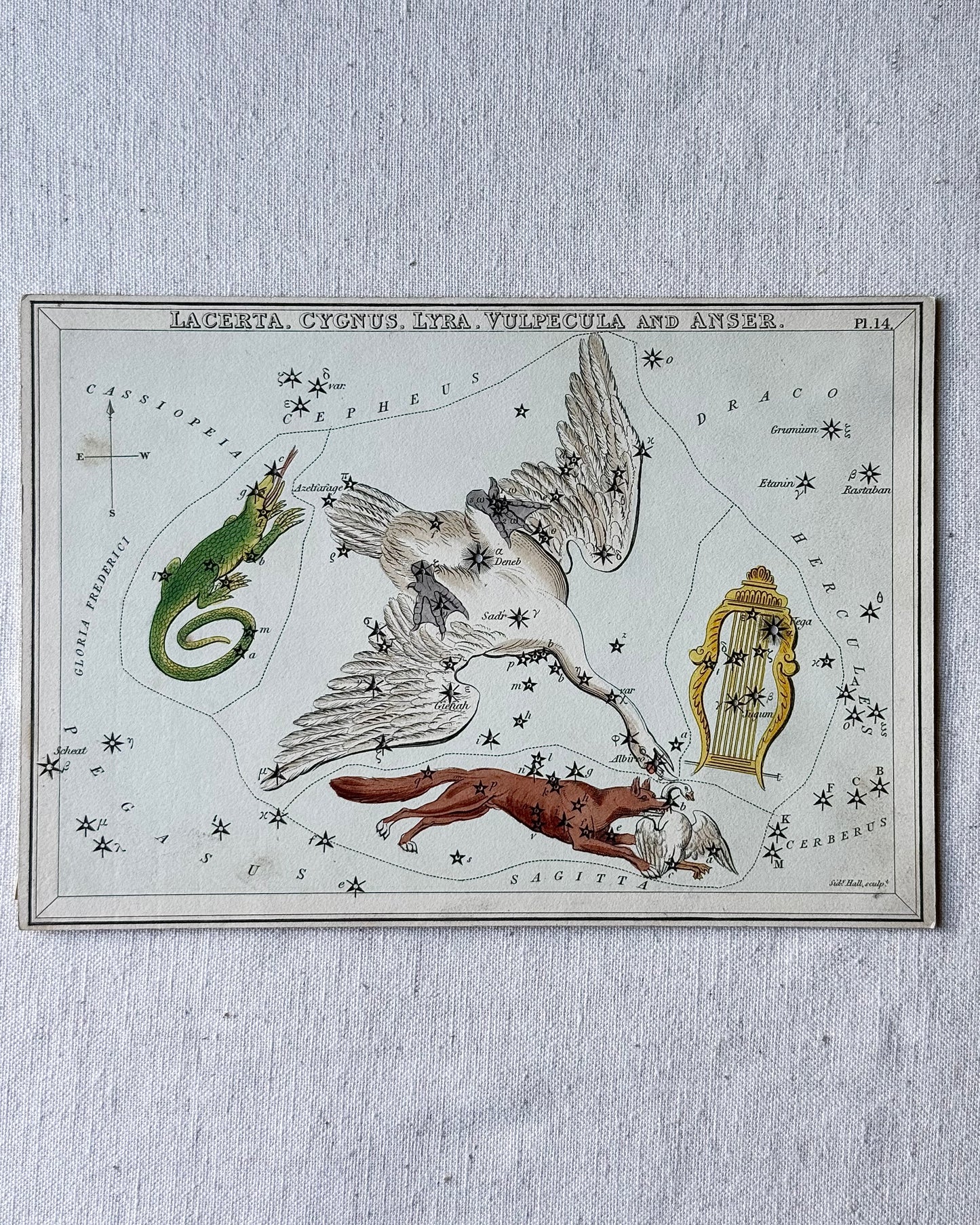 Antique Hand-Painted Constellation Print ‘Urania’s Mirror’ by Sidney Hall c. 1825