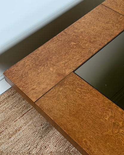 1970’s Birdseye Burlwood Maple, Brass Inlay & Smoked Glass Coffee Table