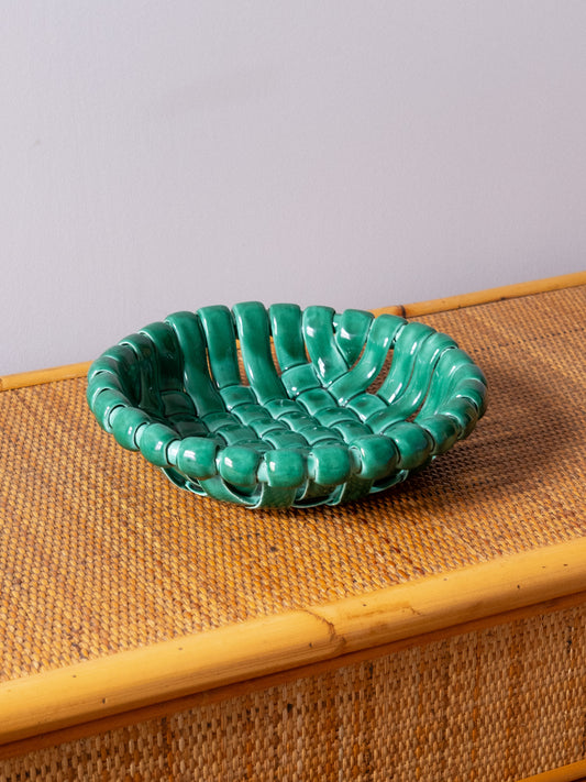 Emerald Green Glazed Ceramic Woven Bowl