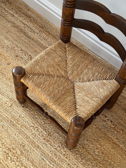 1940s Oak & Rush Low Armchair, in the manner of Charles Dudouyt