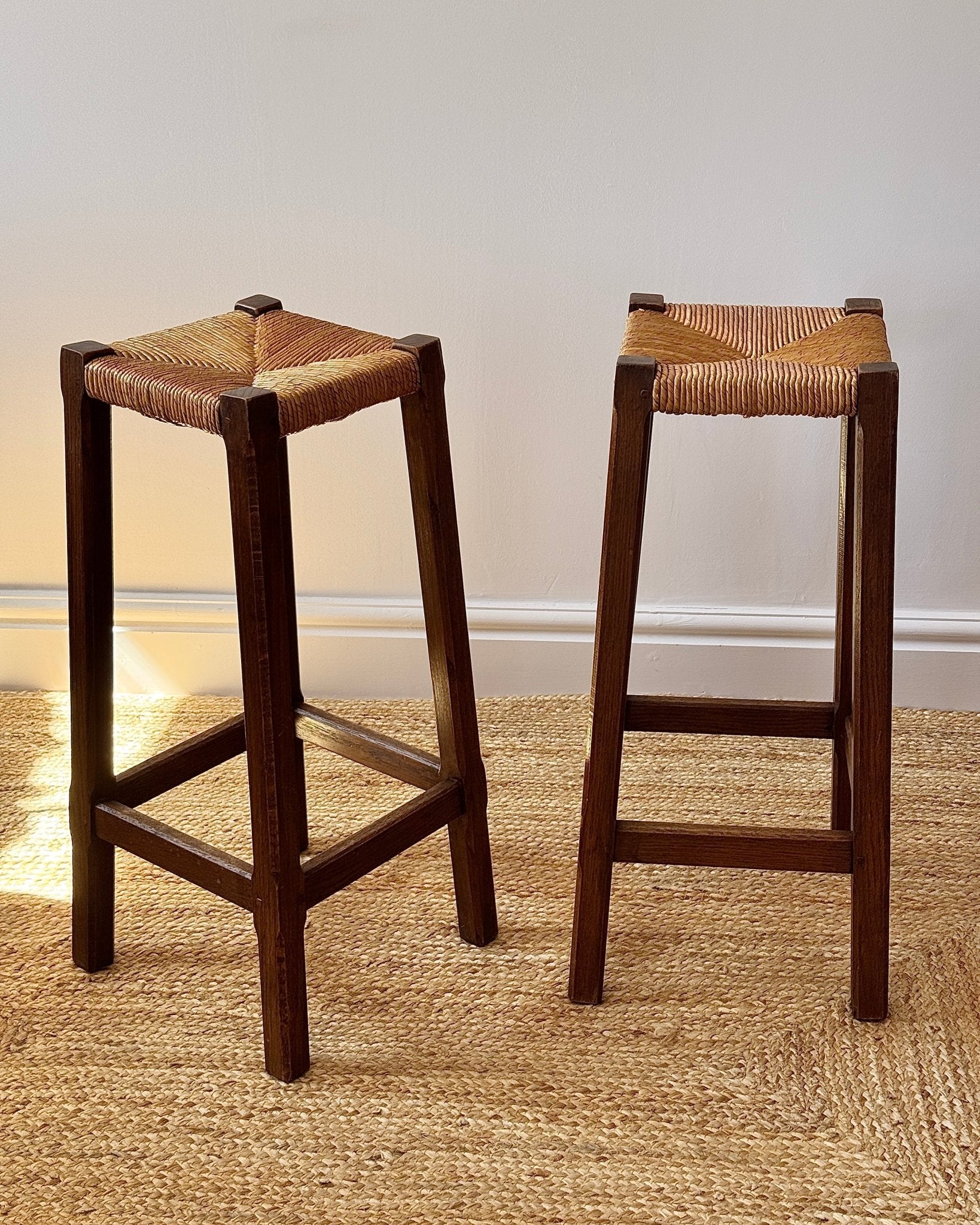 Pair of French Oak Rush Bar Stools - Club Sourced