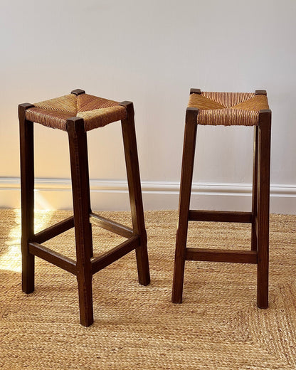 Pair of French Oak Rush Bar Stools - Club Sourced