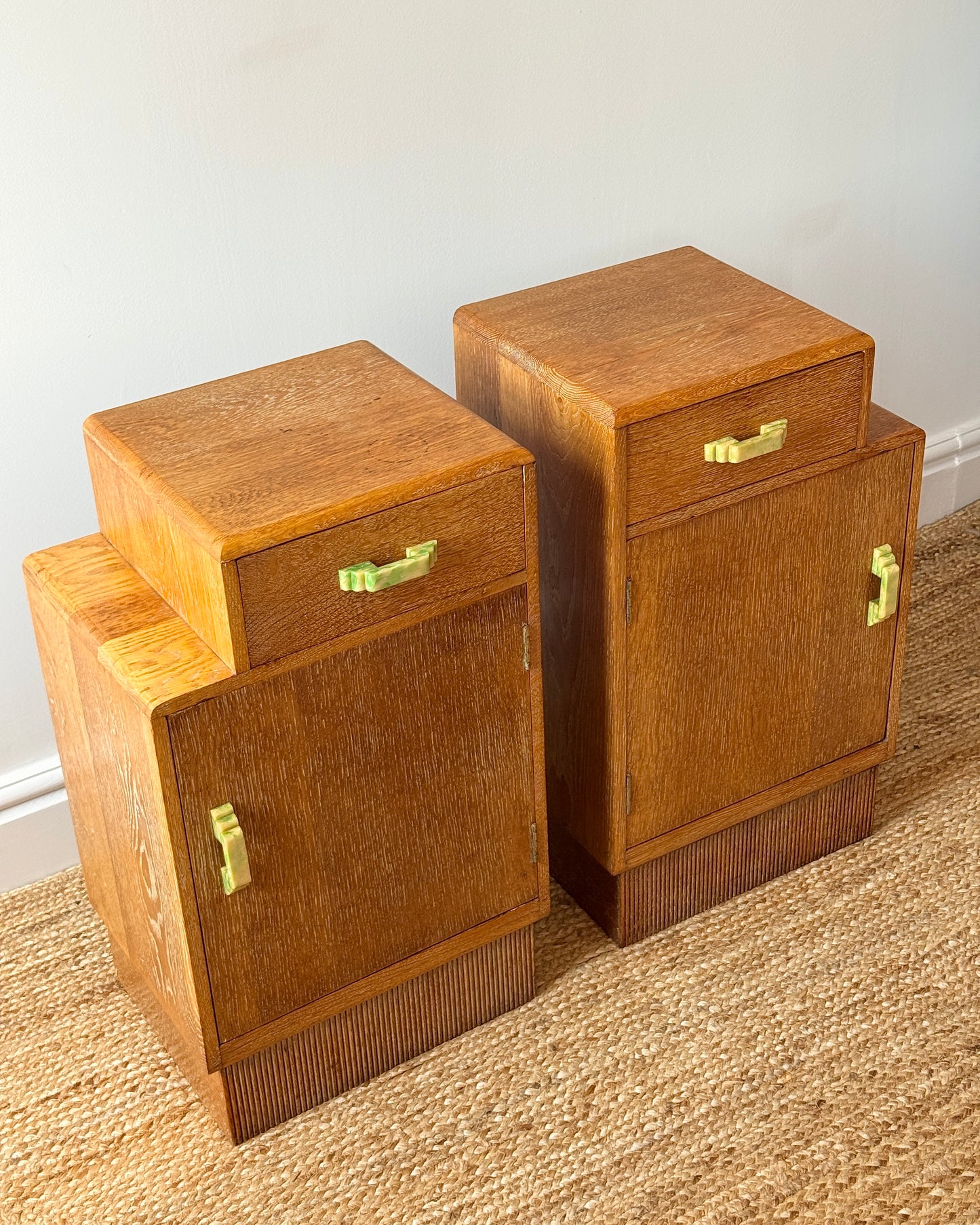 Pair of Art Deco Limed Oak Bedside Tables, c.1930