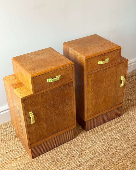Pair of Art Deco Limed Oak Bedside Tables, c.1930 - Club Sourced
