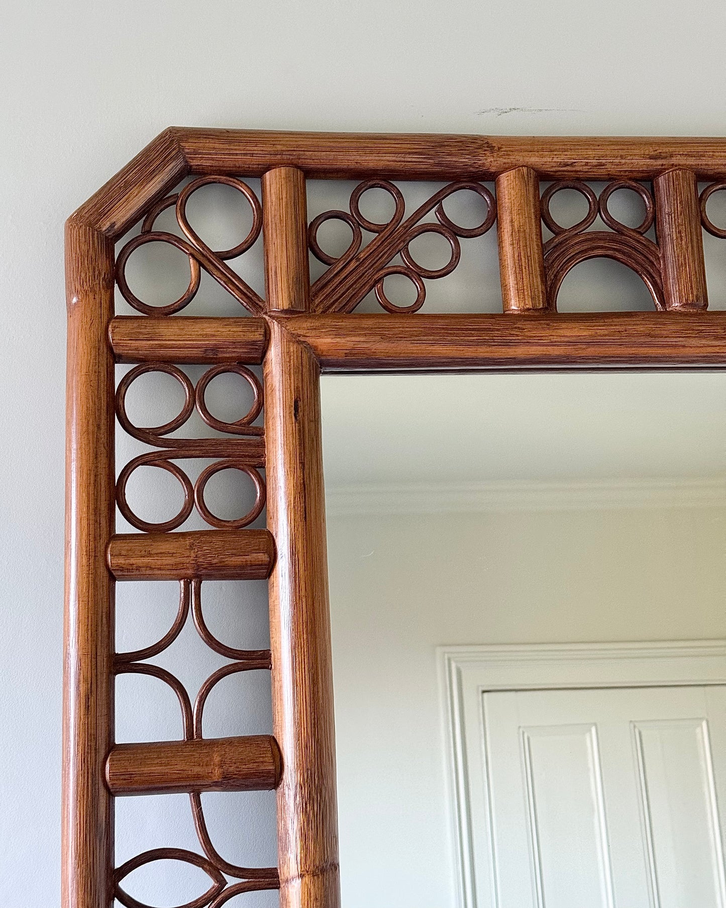 Large French Mid-Century Rattan Double Frame Mirror