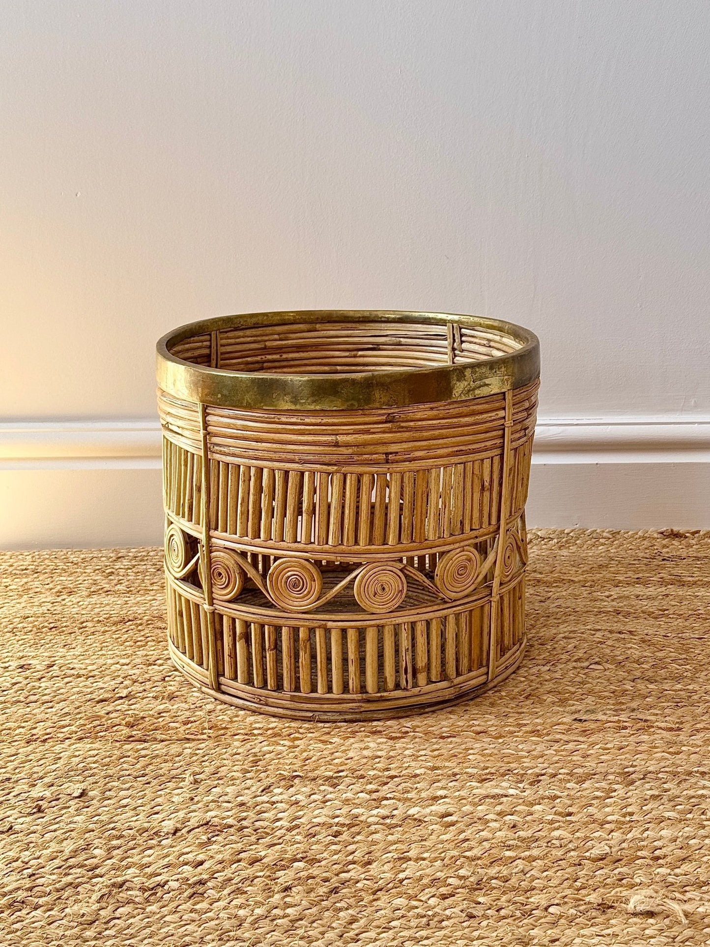 Italian 1970s Pencil Reed and Brass Basket - Club Sourced