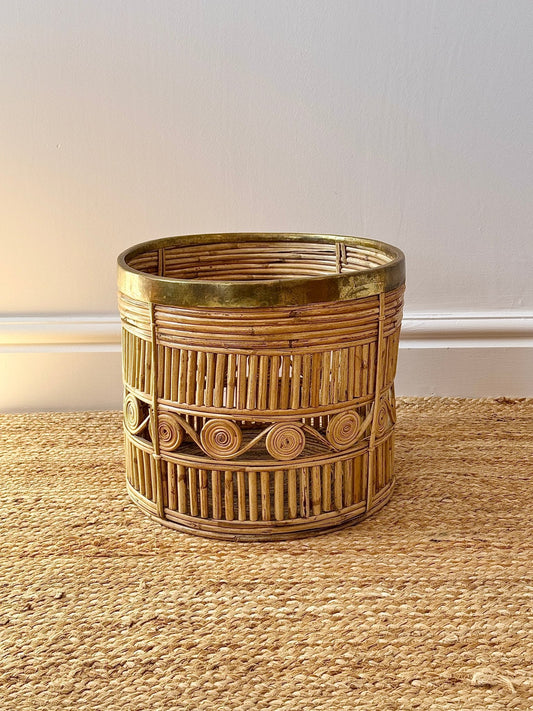Italian 1970s Pencil Reed and Brass Basket - Club Sourced