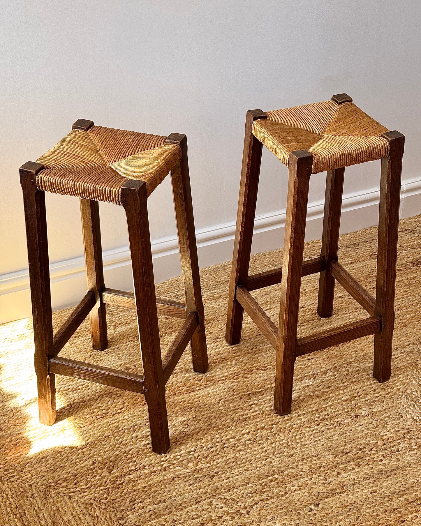 Pair of French Oak Rush Bar Stools