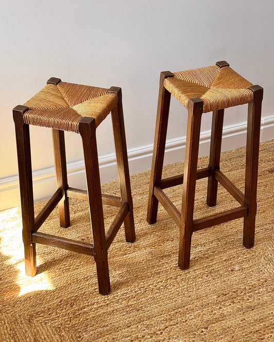Pair of French Oak Rush Bar Stools