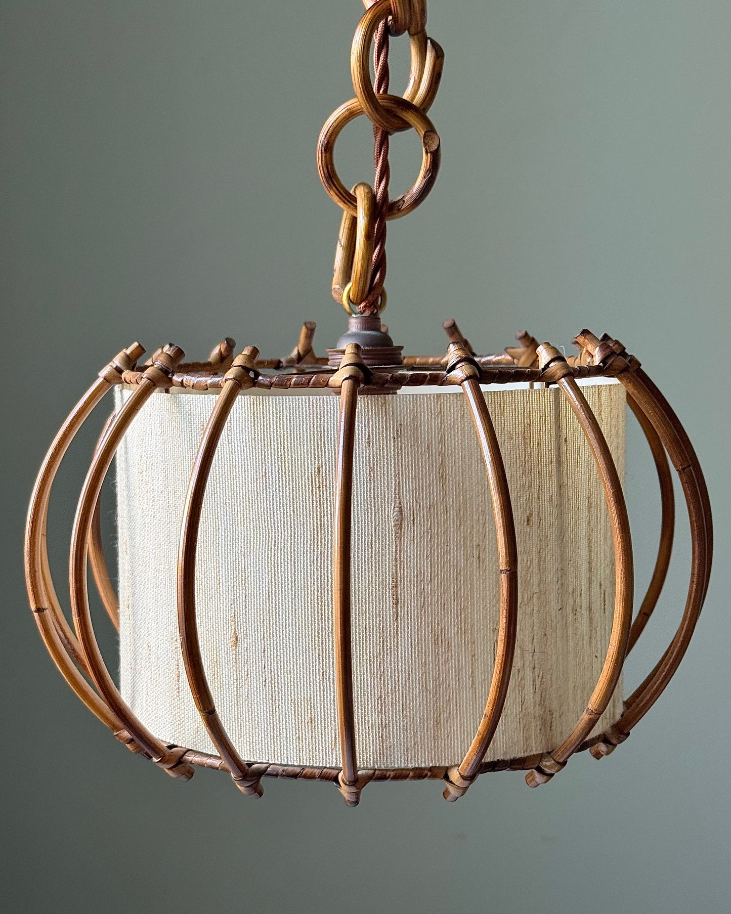 Vintage French Caged Rattan & Linen Pendant