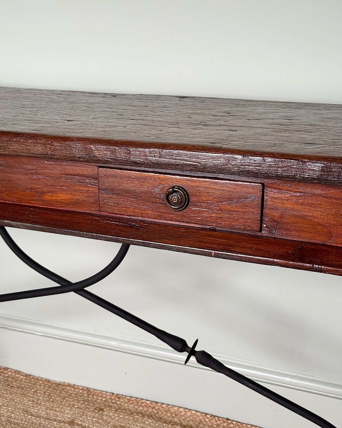 1940’s Spanish Console Table with Sculptural Iron Stretcher