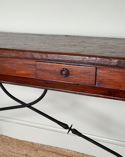 1940’s Spanish Console Table with Sculptural Iron Stretcher