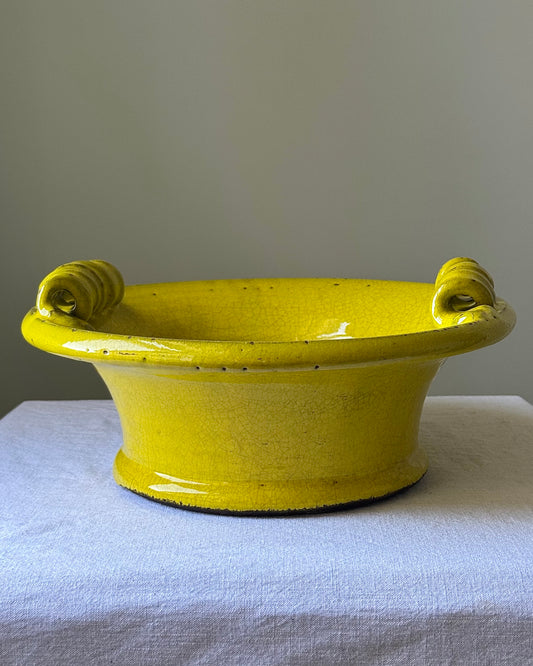 Antique Catalan Yellow Glazed Terracotta Bowl with Scroll Handles