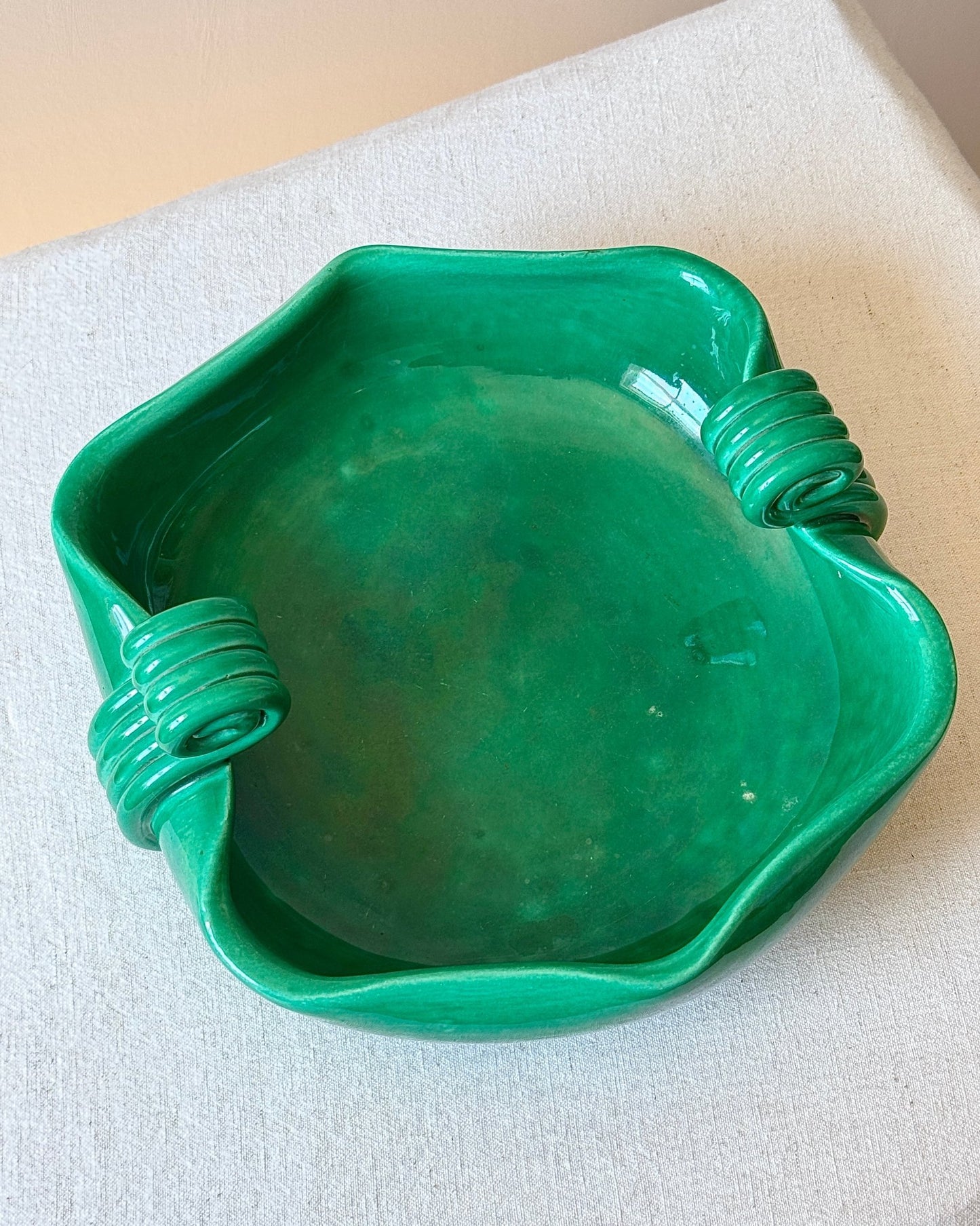 French Art Deco Ceramic Green Bowl with Scrolled Handles - Club Sourced