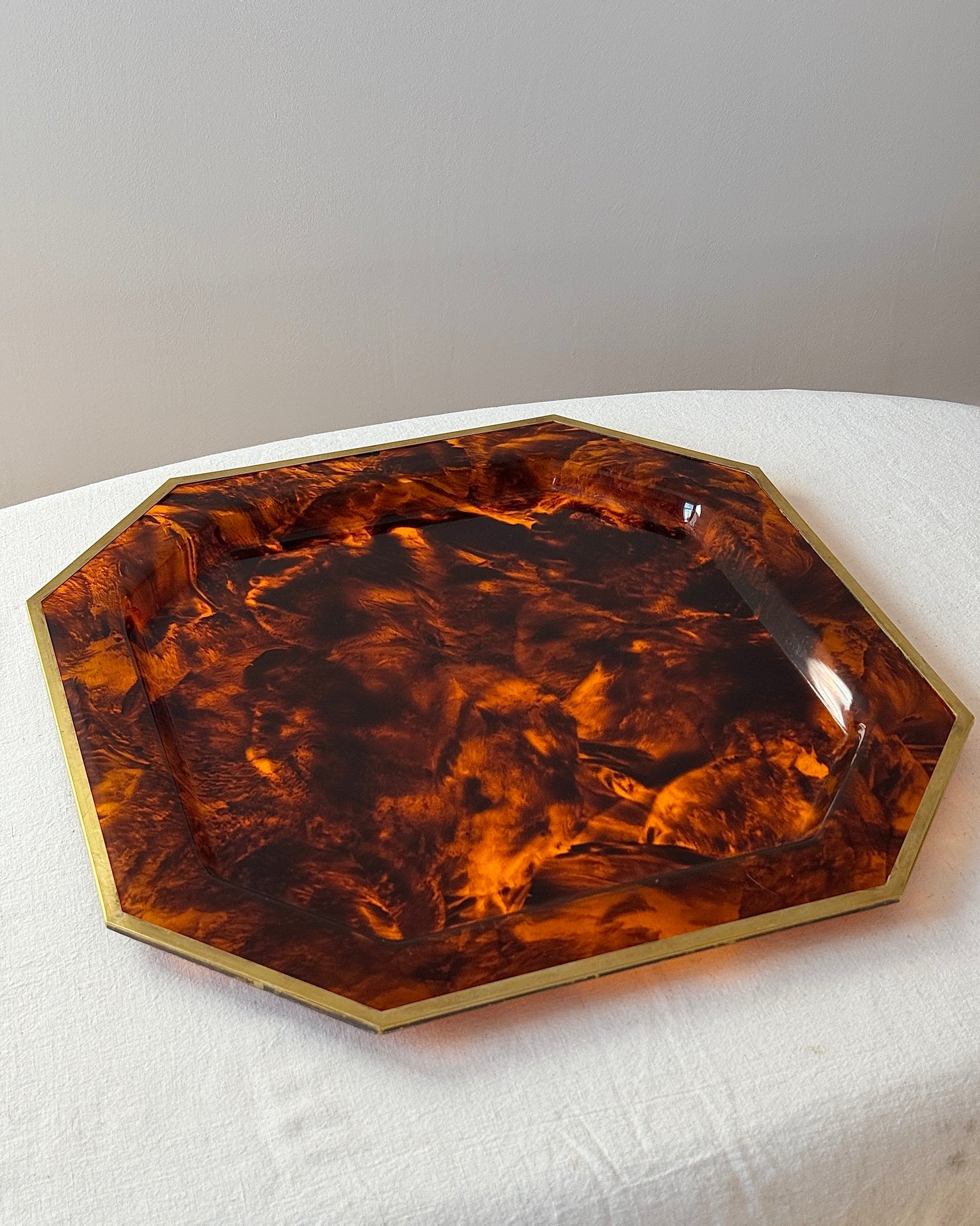 Octagonal Lucite Tortoiseshell Tray with Brass Rim, attributed to Maison Mercier