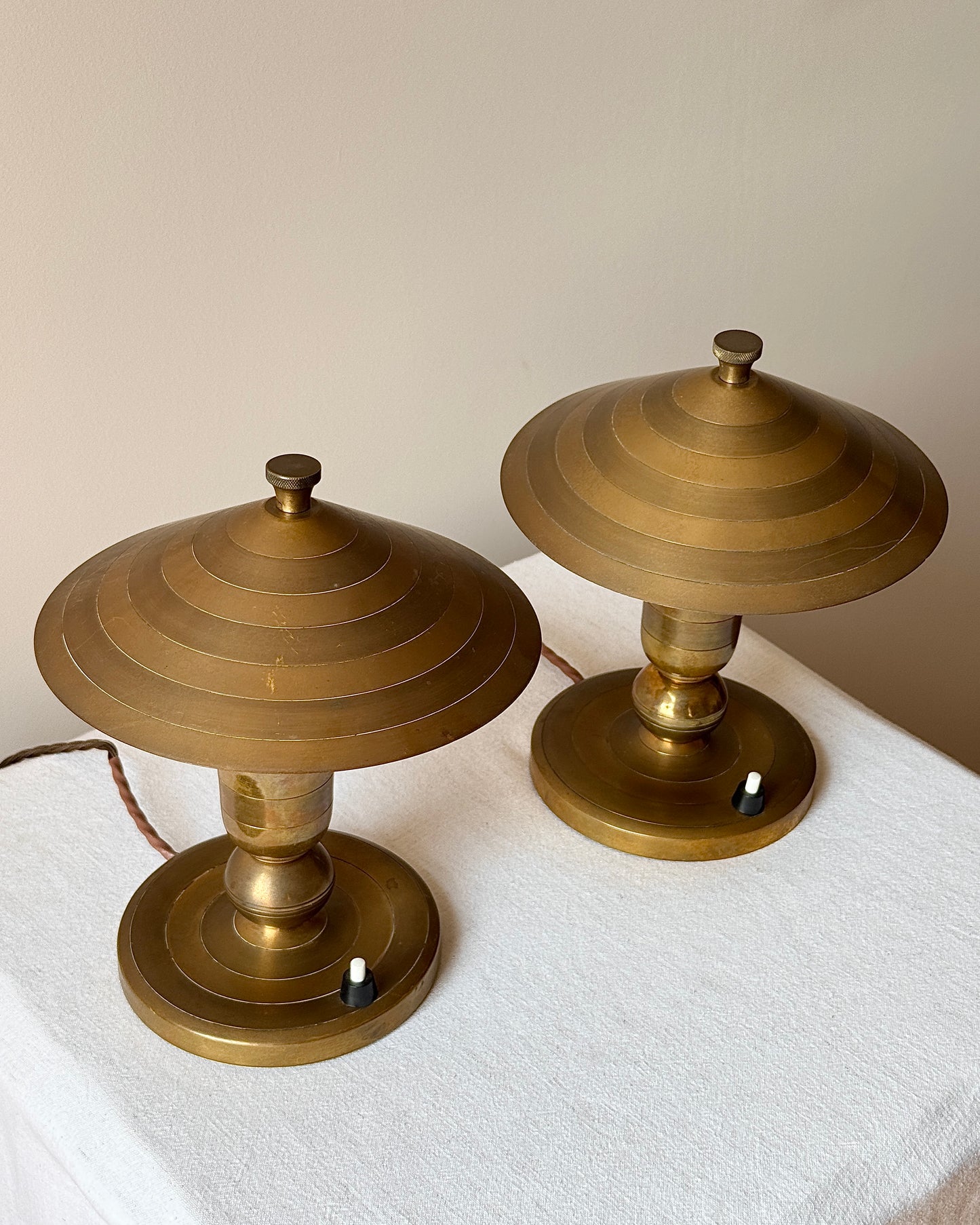 Pair of Brass Art Deco Belgian Table Lamps, signed Gersyl