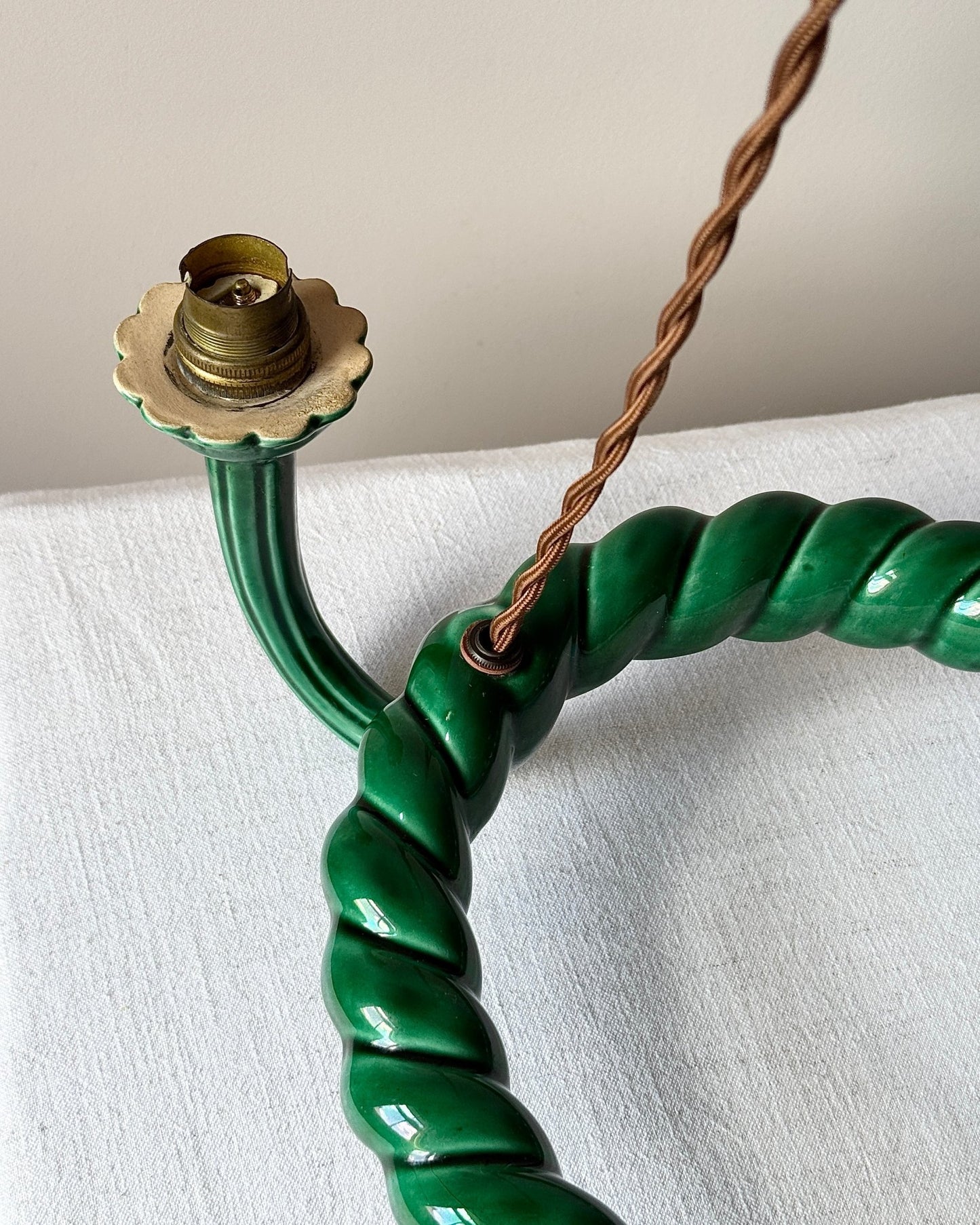 Green Glazed Ceramic Three-Light Chandelier c.1960 - Club Sourced