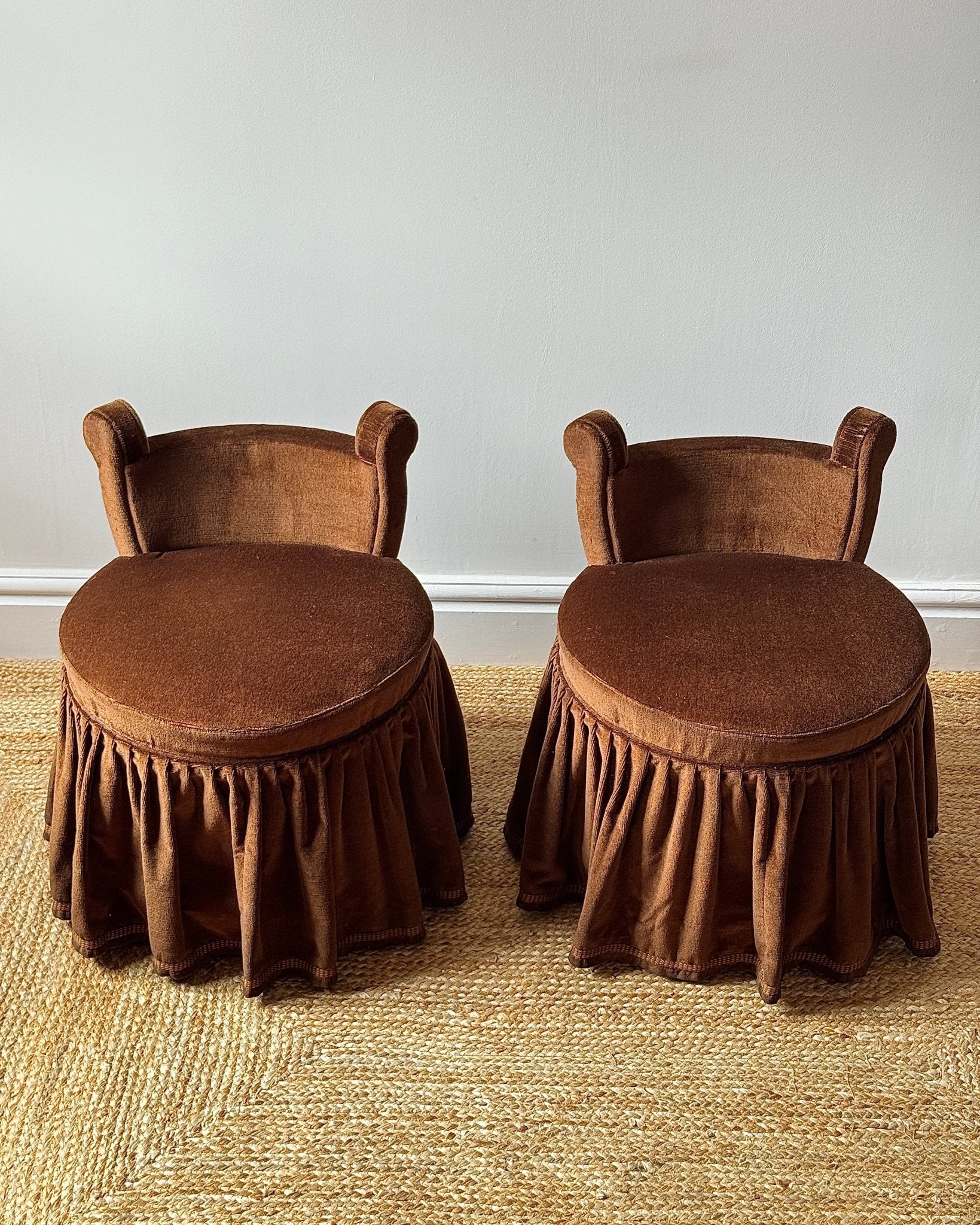 Pair of Brown Velvet French Slipper Chairs - Club Sourced