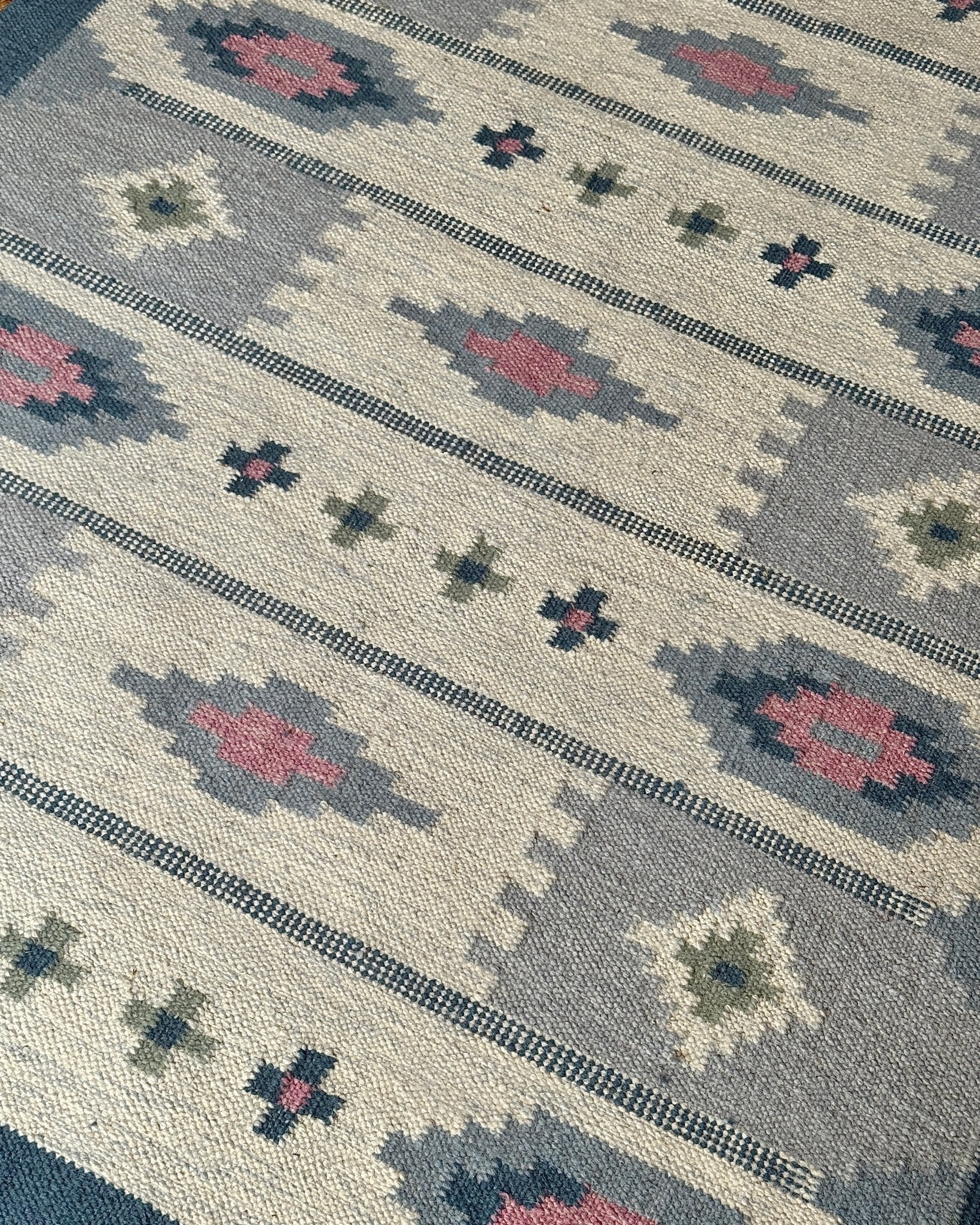 Blue Swedish Wool Röllakan Flatweave with Lozenge Motifs - Club Sourced