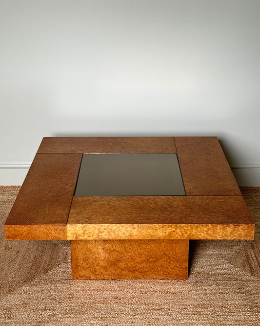 1970’s Birdseye Burlwood Maple, Brass Inlay & Smoked Glass Coffee Table