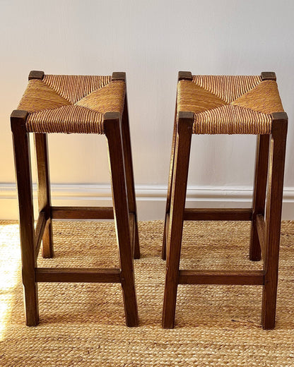 Pair of French Oak Rush Bar Stools - Club Sourced