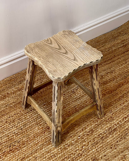 French Folk Art Carved Oak Stool