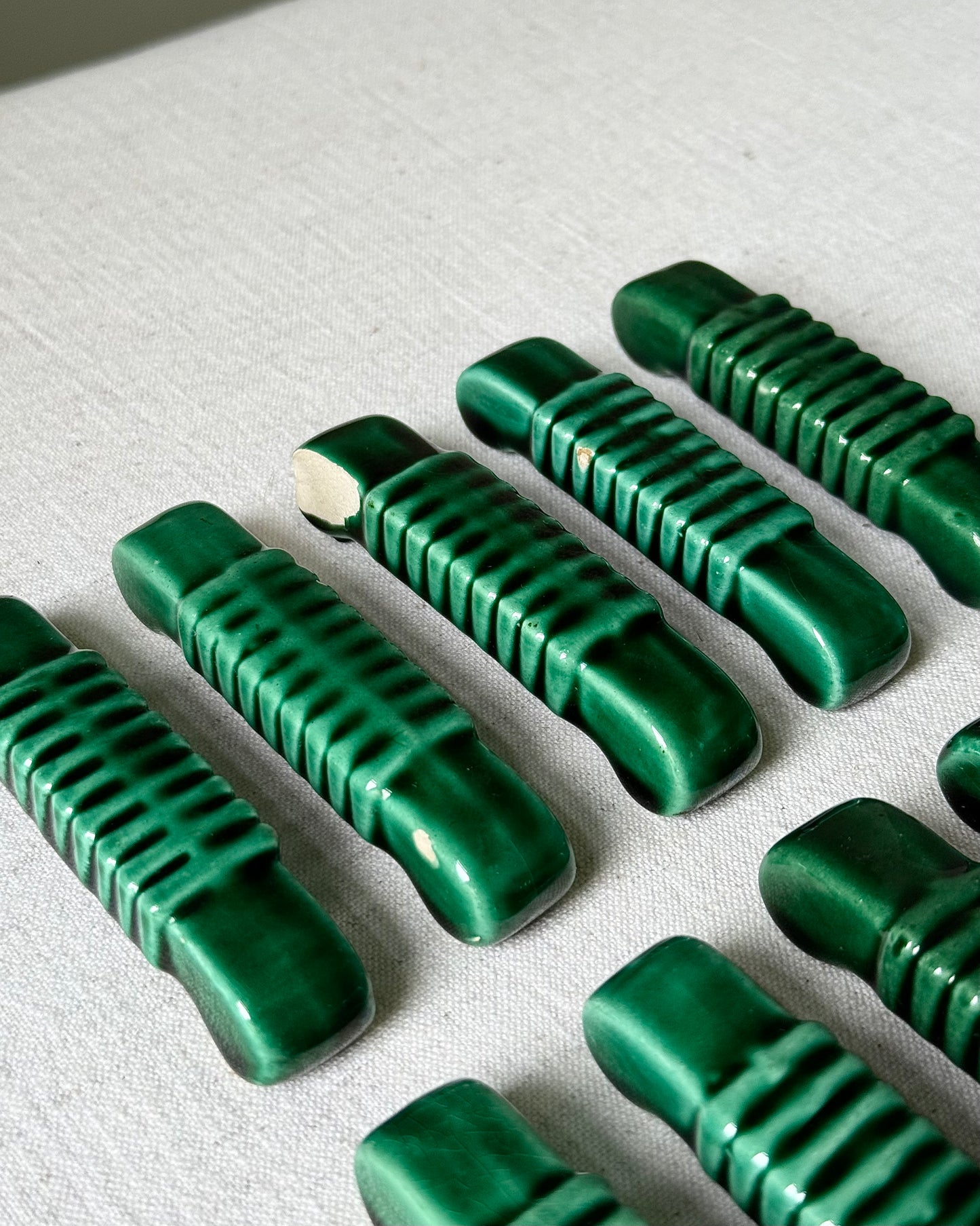 Set of 10 x French Mid-century Glossy Green Ceramic Cutlery Rests