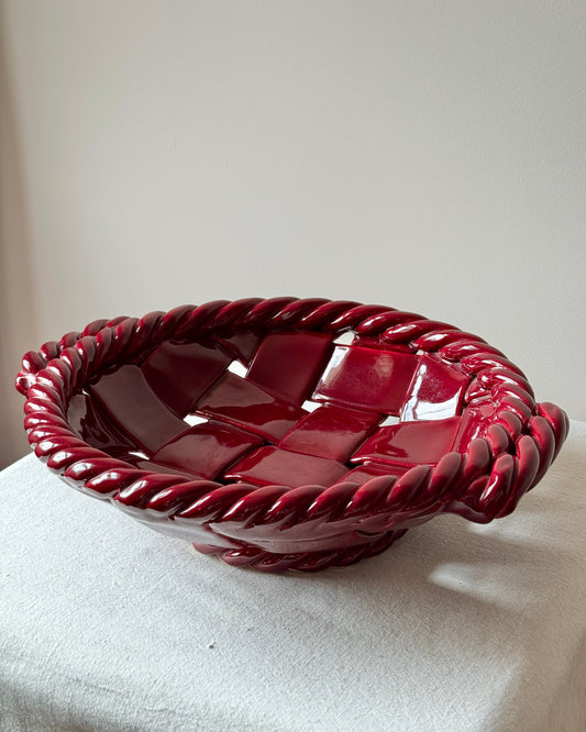 Large Vallauris Glossy Red Ceramic Woven Bowl