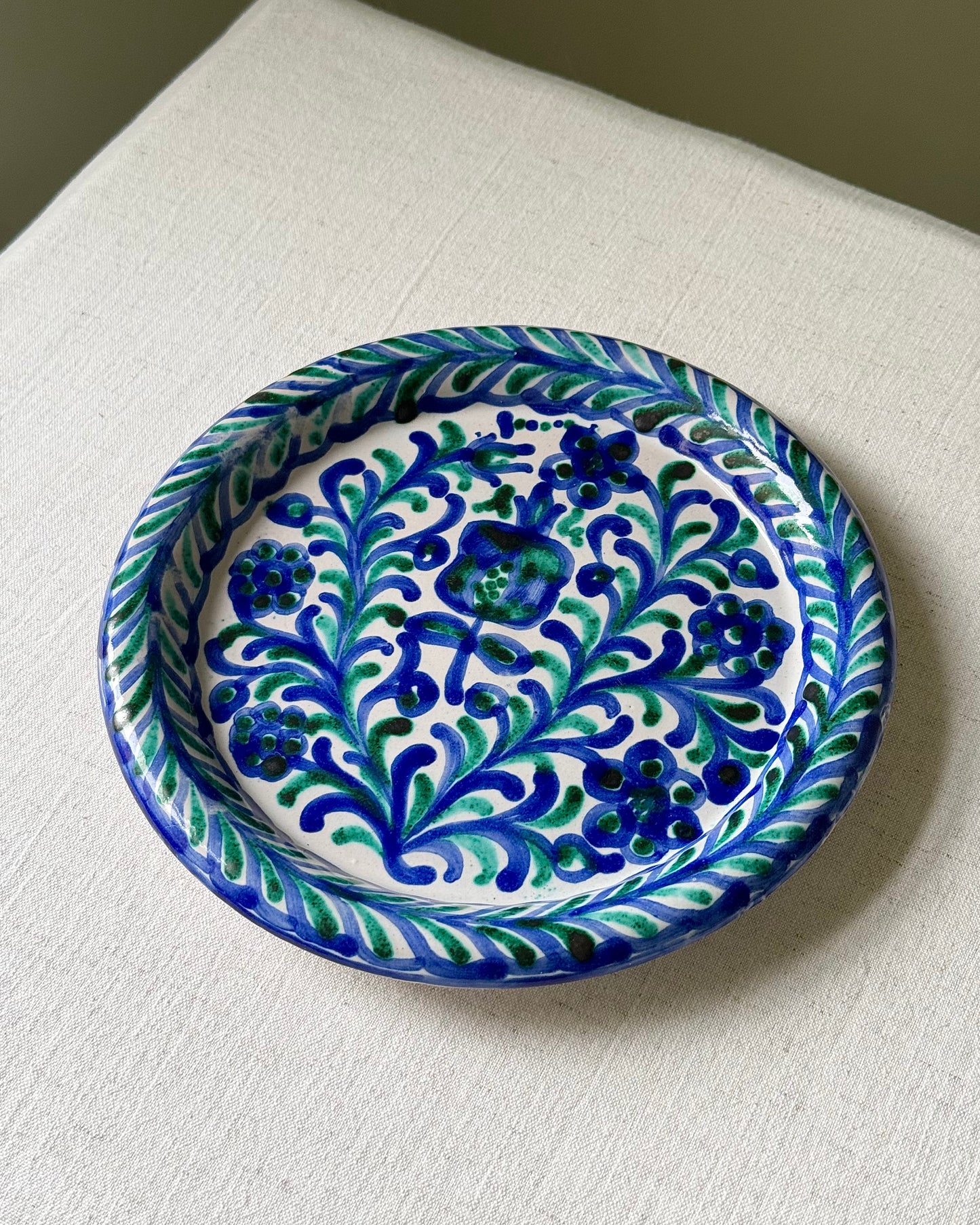 Fajalauza Ceramic Plate with Hand Painted Blue and Green Floral Motifs